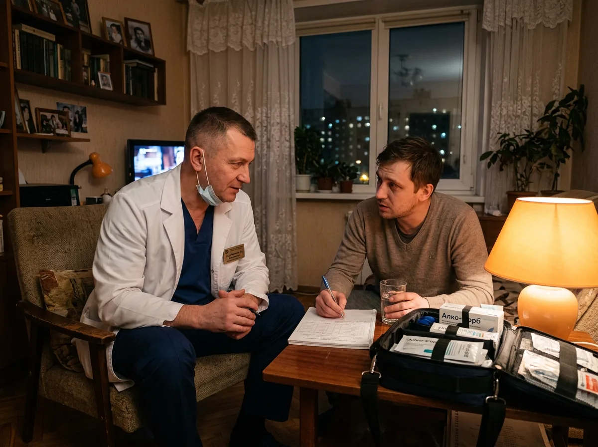 Врач-нарколог приезжает на дом к пациенту ночью, Москва, профессиональный медицинский выезд, тёплое освещение квартиры, доверие и забота