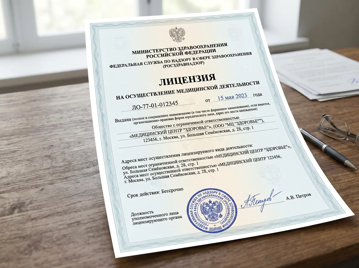 Лицензия Росздравнадзора на осуществление медицинской деятельности — официальный документ на бланке, синяя печать, подпись
