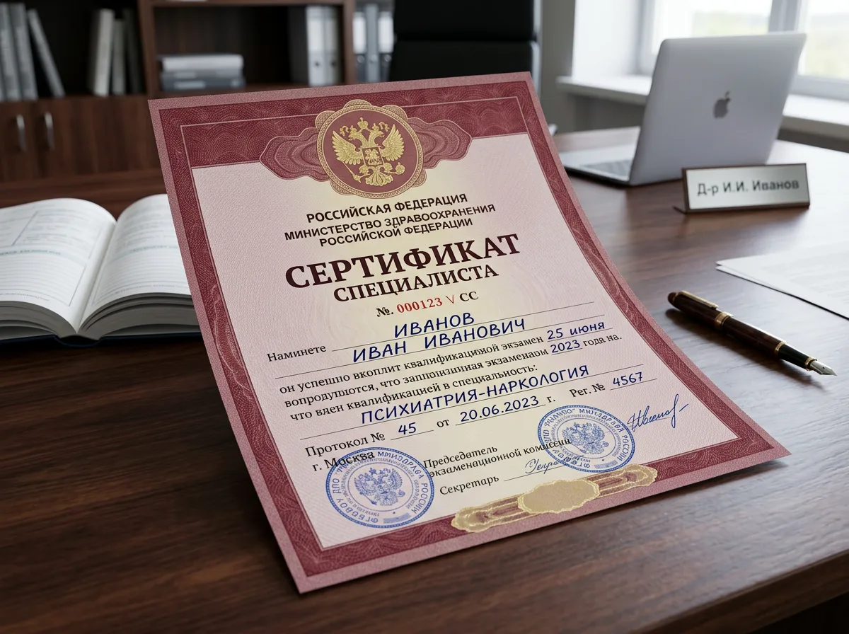 Сертификат специалиста по психиатрии-наркологии государственного образца, красный бланк с гербом РФ