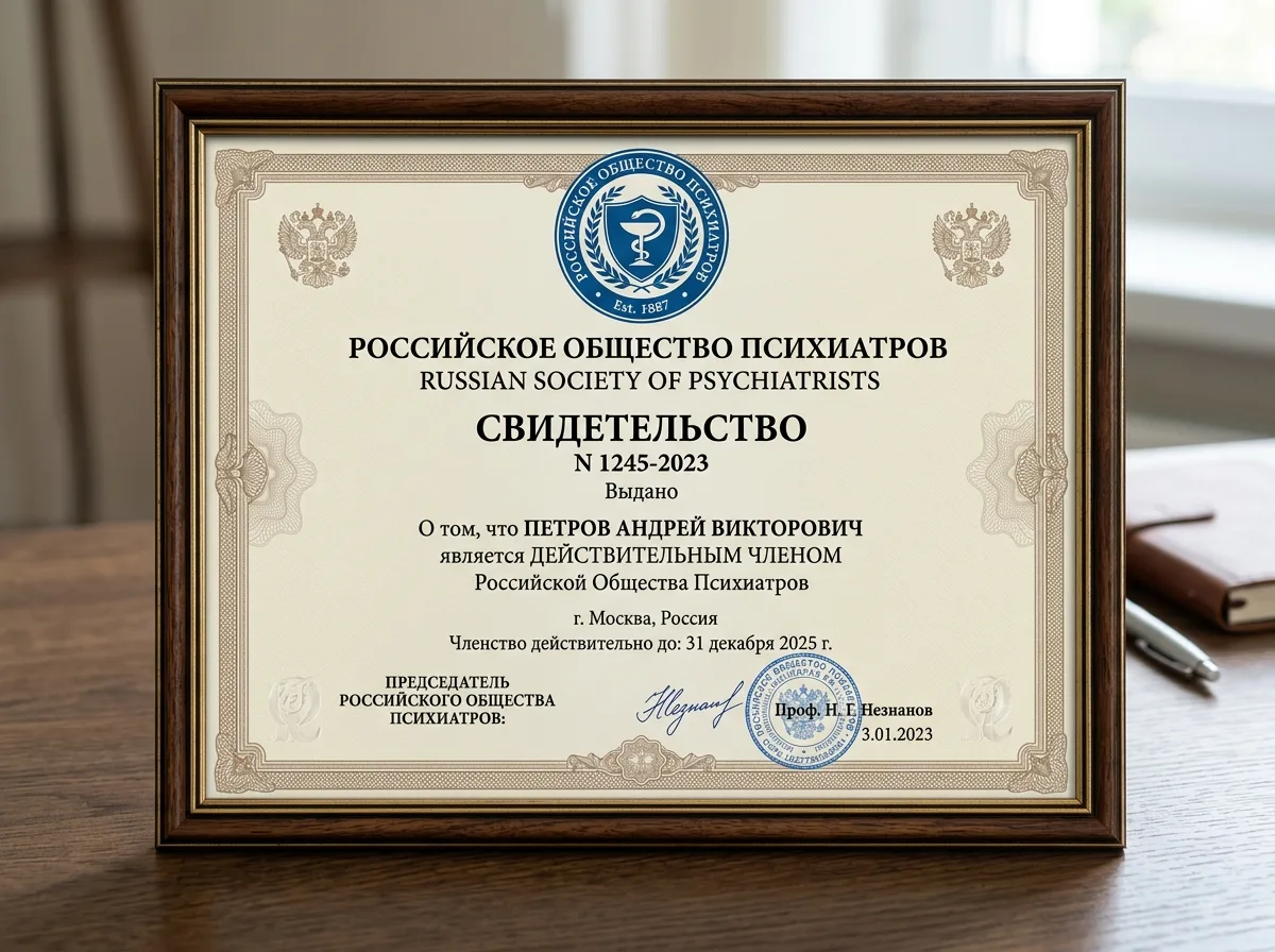 Свидетельство о членстве в Российском обществе психиатров, официальный документ с логотипом организации