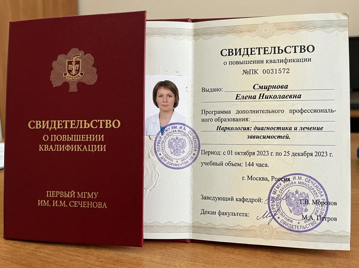 Свидетельство о повышении квалификации врача-нарколога в Первом МГМУ им. Сеченова, официальный диплом