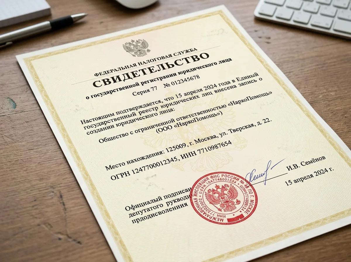 Свидетельство о государственной регистрации юридического лица ООО НаркоПомощь Москва, документ с печатью налоговой