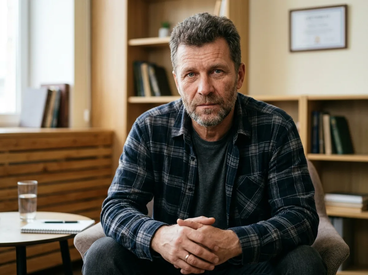 Аватар мужчины Александр, пациент нарколога, серьёзный взгляд, благодарный вид