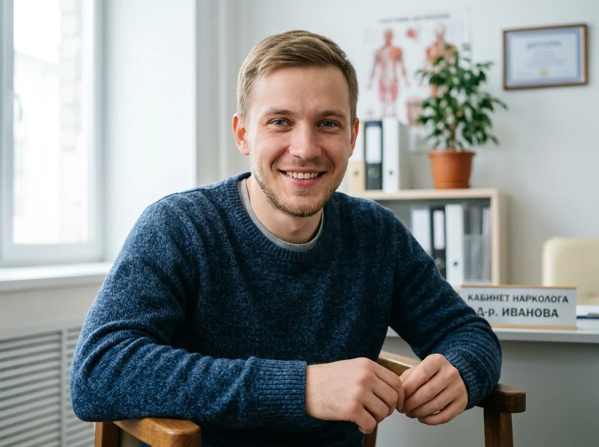 Аватар мужчины Никита, молодой пациент нарколога, улыбается, здоровый вид